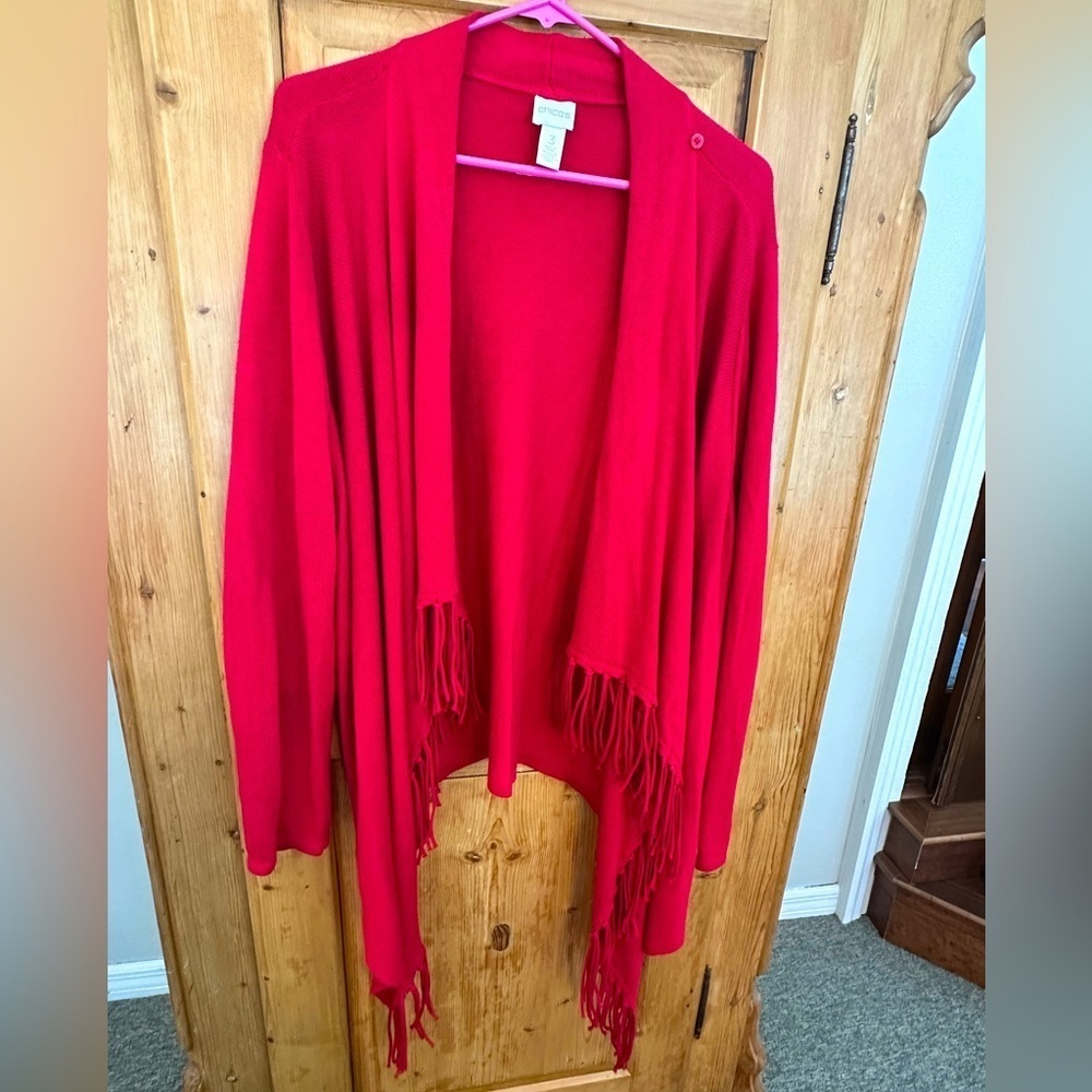 Chicos Red Fridged Poncho Style Cardigan Button Shoulder Size 3 - Size XL